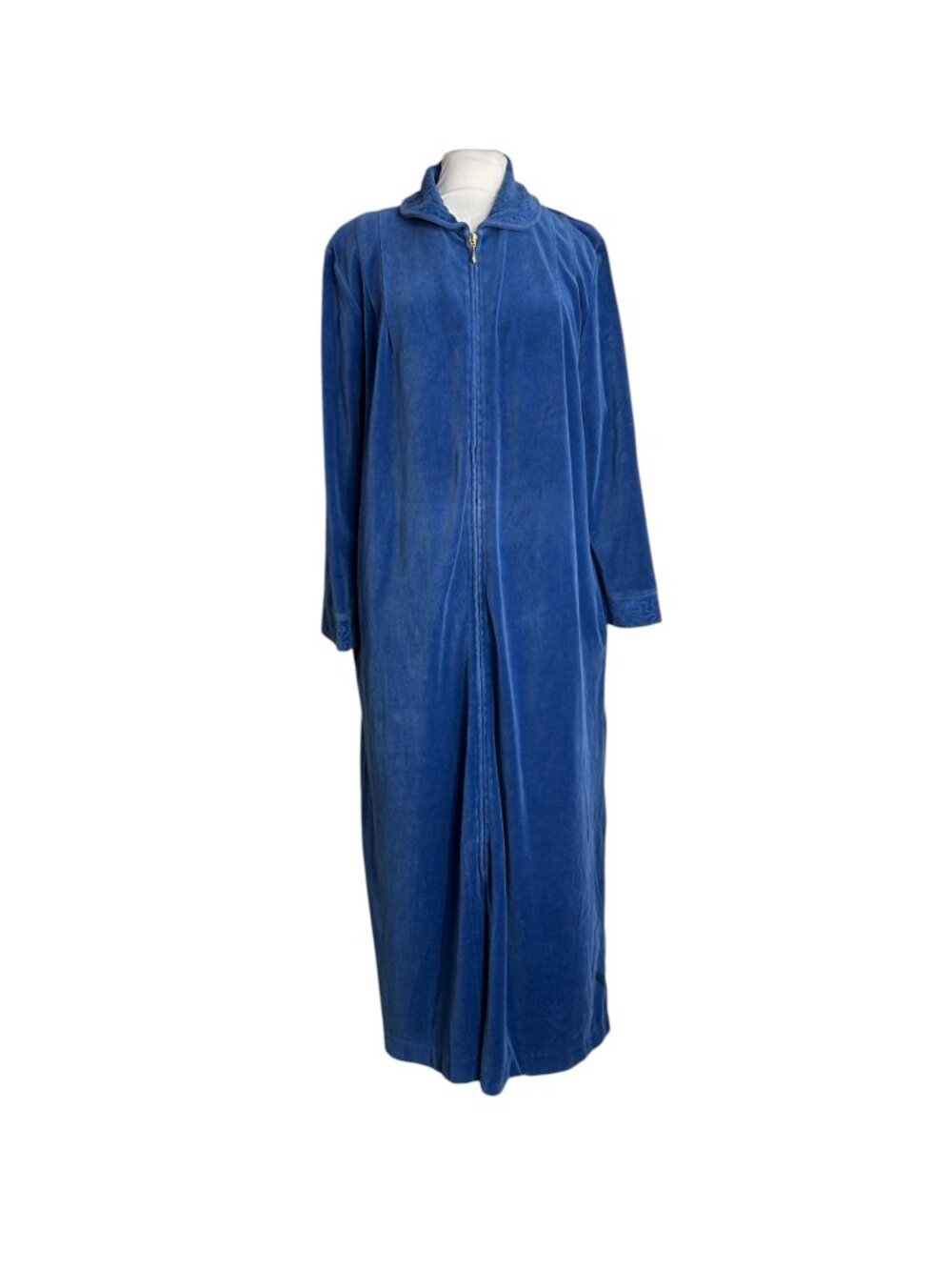 Norm Thompson Womens M Blue Velour Full Zip Long Robe Housecoat Embroidered